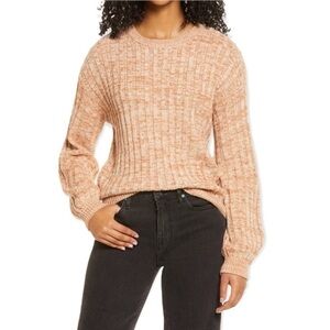 New Blank NYC Heather Ribbed Crew Neck Knit Sweater in Toffee
